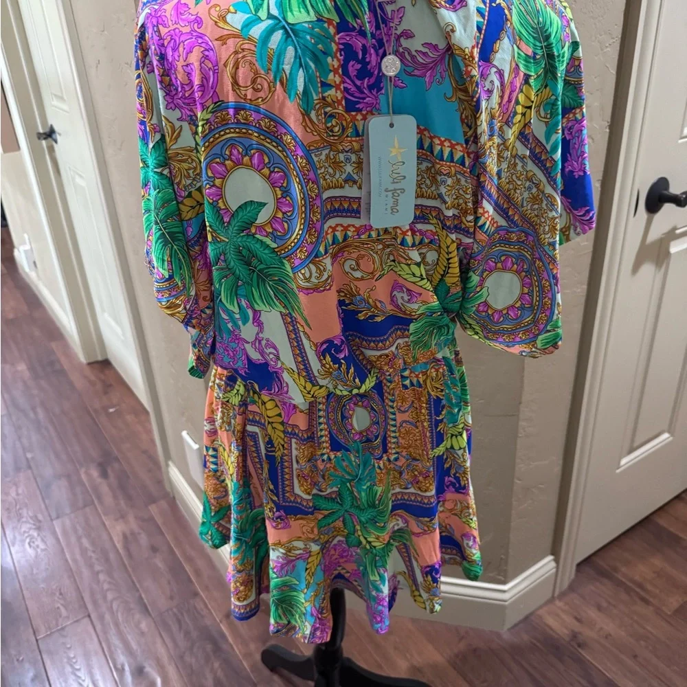 NWT Lulu Fama -Orange and Green Plunge Neck Flutter Sleeve Sundress - Picture 5 of 9